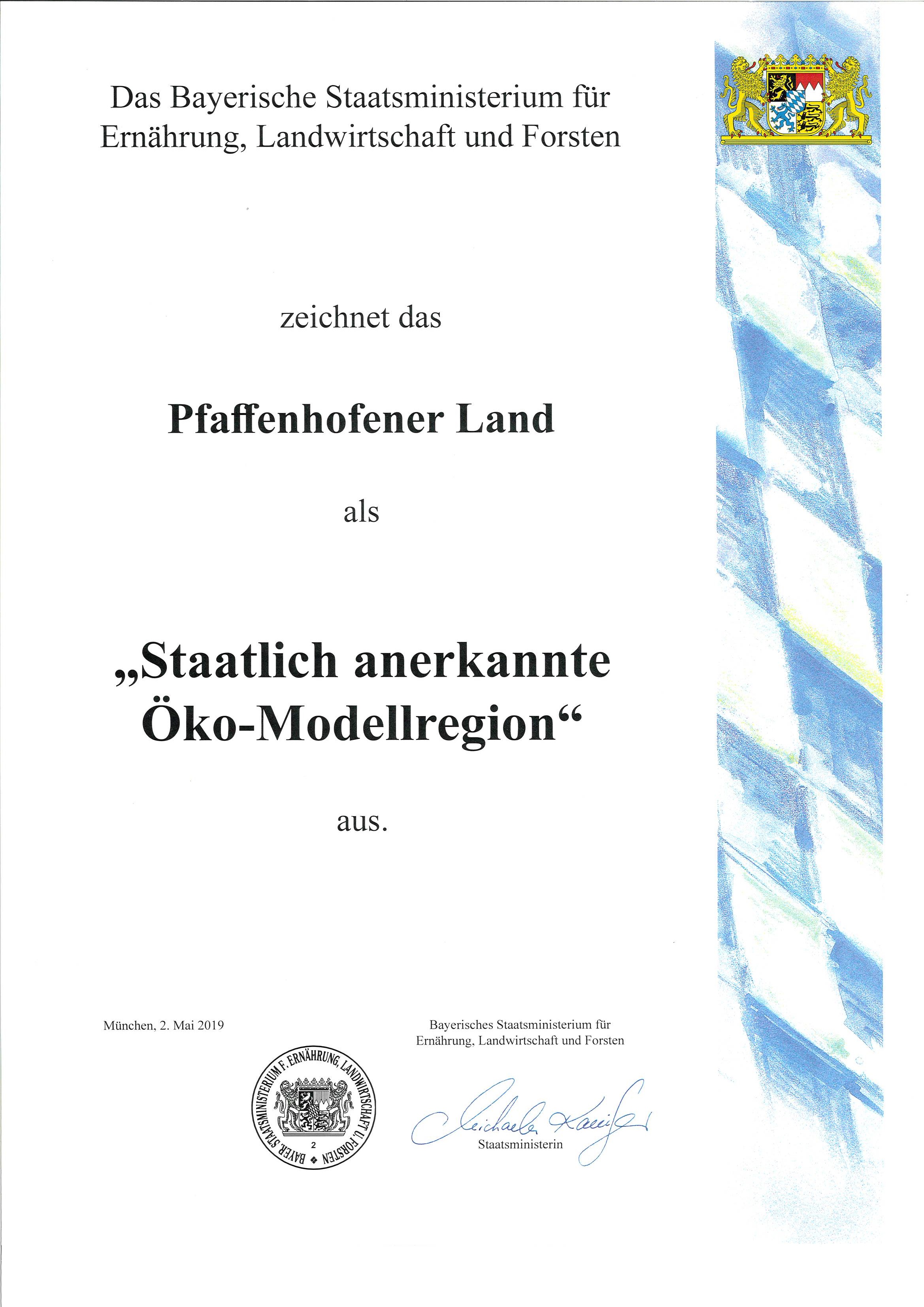 Urkunde Staatlich anerkannte Öko-Modellregion Scheyern