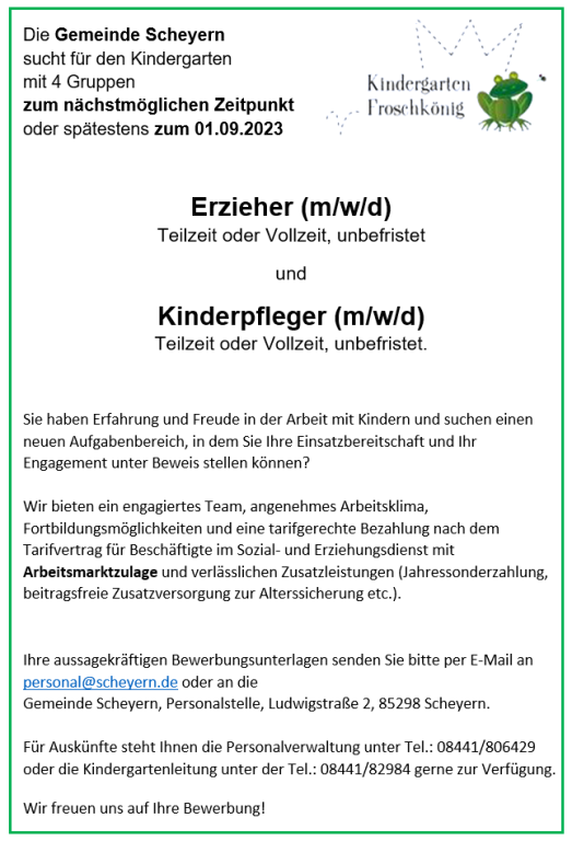 Grossansicht in neuem Fenster: Stellenanzeig Erzieher und Kinderpfleger Kindergarten